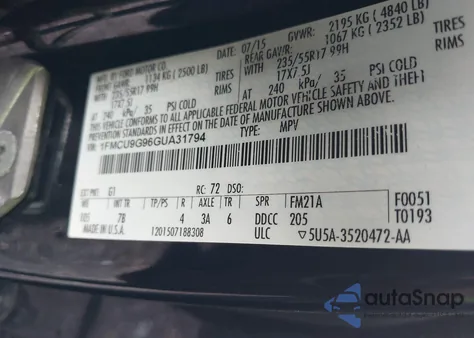 2016 Ford Escape Se from USA, damaged, VIN 1FMCU9G96GUA31794